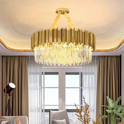Gold-toned decorbites crystal led pendant chandelier with vertical bars and cascading crystal droplets for dining room