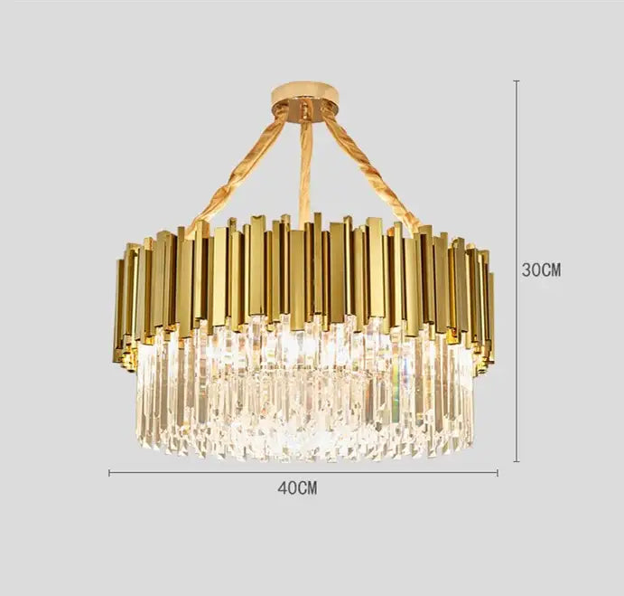 Decorbites crystal led gold chandelier with vertical brass bars and cascading crystal prisms for dining room lighting