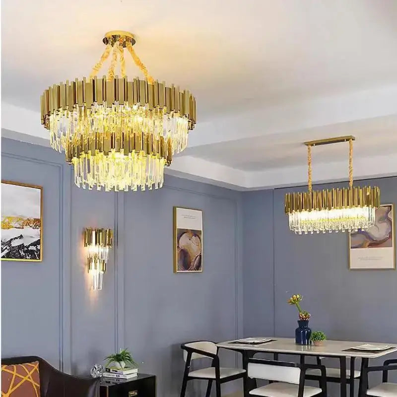 Gold-toned decorbites crystal led pendant chandelier with cascading crystal rods and glass prisms for dining room lighting