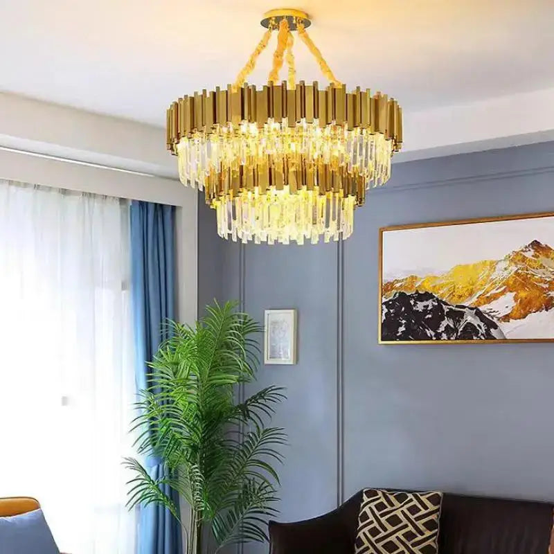 Gold-toned decorbites crystal led pendant chandelier with cascading crystal droplets for dining room lighting