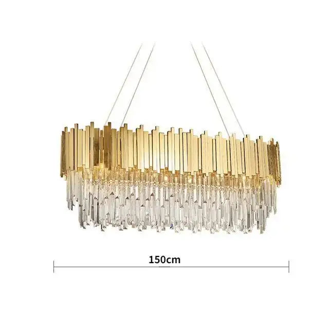 Gold-toned decorbites crystal led pendant chandelier with vertical bars and cascading crystal droplets for dining room
