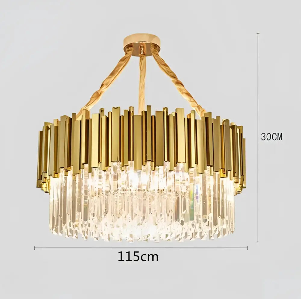 Gold-toned decorbites crystal led pendant chandelier with vertical crystal prisms and twisted brass chains for dining room