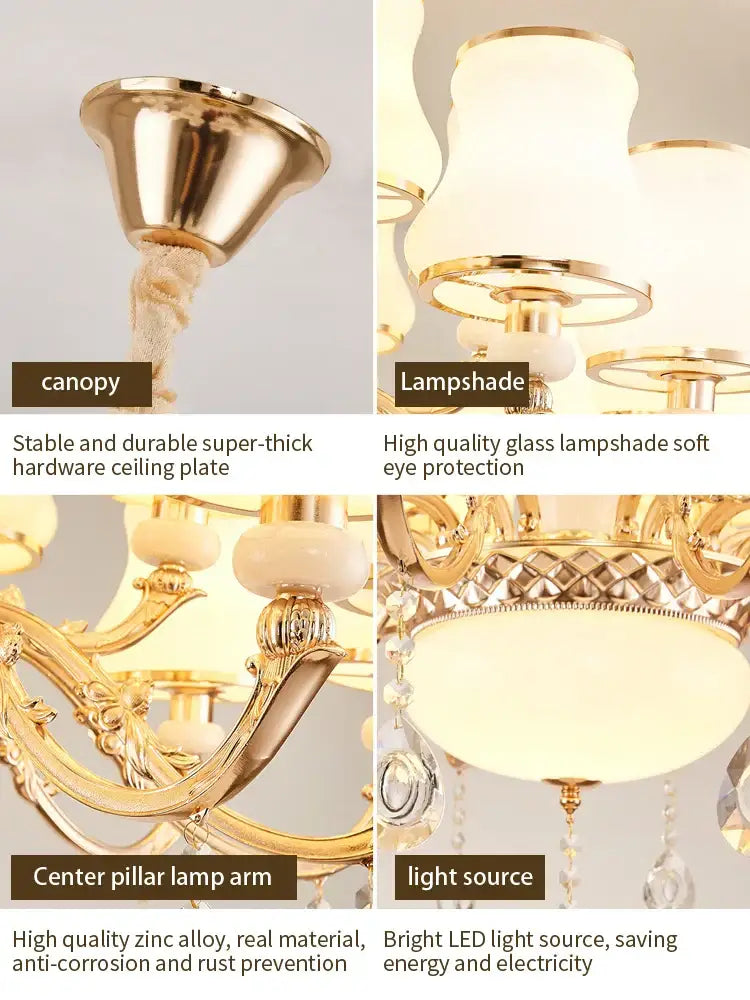 Decorbites crystal led gold chandelier with ornate zinc alloy arms frosted glass lampshades and crystal droplets for living room