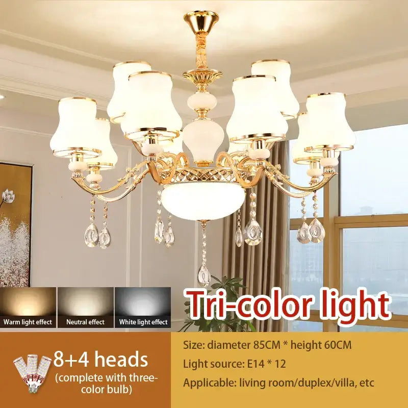 Gold-toned decorbites crystal led pendant chandelier with eight white frosted glass shades and crystal teardrops for living room