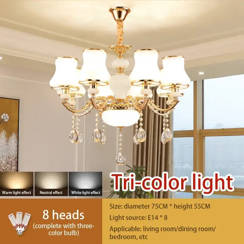 Gold-toned decorbites crystal led pendant chandelier with eight frosted glass shades and crystal droplets for living room
