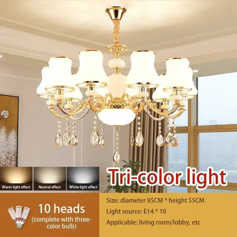 Gold-toned decorbites crystal led pendant chandelier with ten frosted glass shades and crystal teardrops for living room