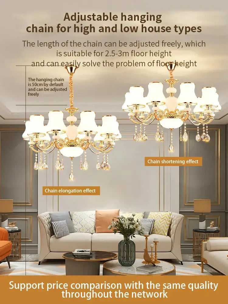 Gold-toned decorbites crystal led pendant chandelier with frosted glass shades and dangling crystal droplets for living room