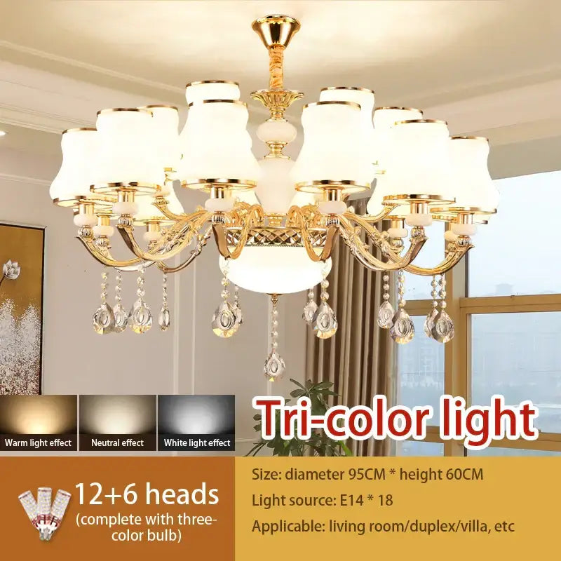 Gold-toned decorbites crystal led pendant chandelier with twelve frosted glass shades and six crystal teardrops for living room