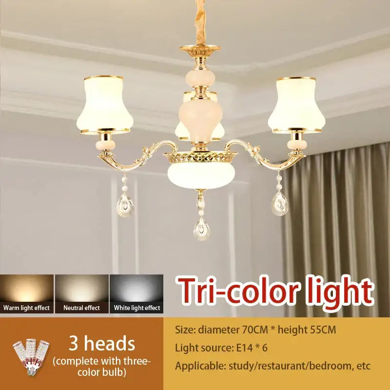 Gold-toned decorbites crystal led pendant chandelier with three frosted glass shades and crystal teardrop accents for living room