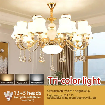 Gold-toned decorbites crystal led pendant chandelier with white frosted glass shades and crystal droplets for living room