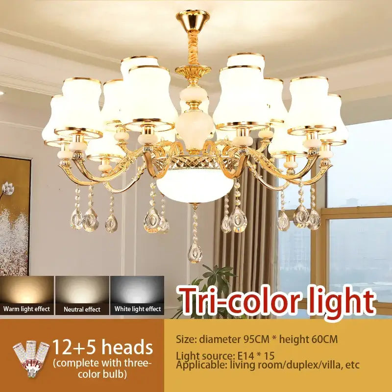 Gold-toned decorbites crystal led pendant chandelier with white frosted glass shades and crystal droplets for living room