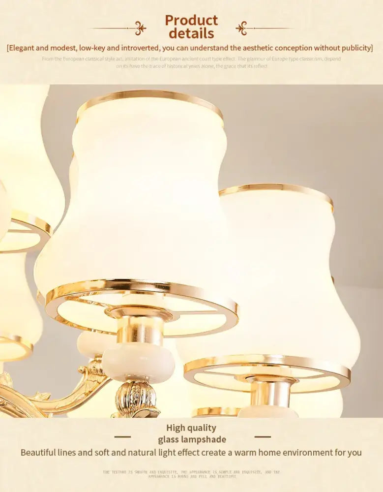 Gold-toned decorbites crystal led pendant chandelier with off-white frosted glass lampshades for living room use
