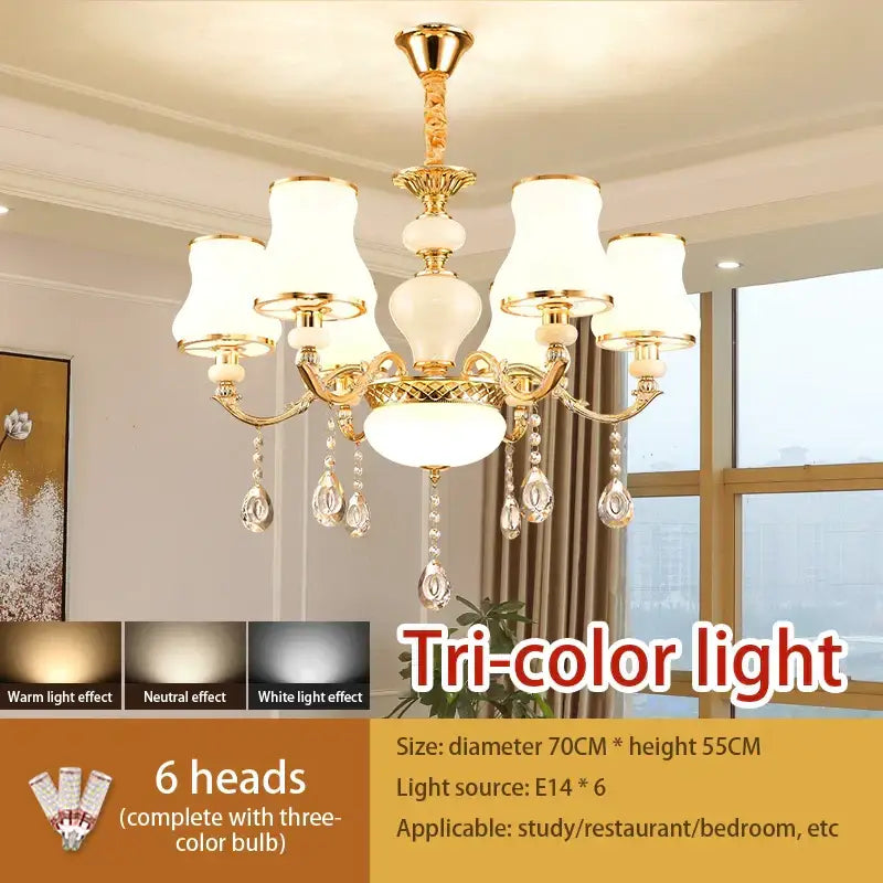 Gold-toned decorbites crystal led pendant chandelier with six frosted glass shades and dangling crystal droplets for living room