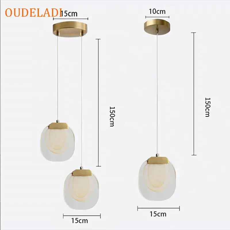 Gold-finished decorbites crystal led pendant lights with frosted glass globes for modern warm yellow kitchen lighting