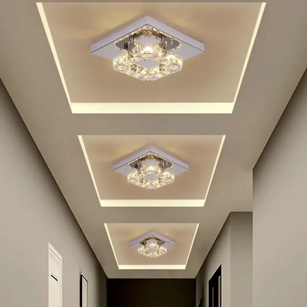 Modern crystal led square ceiling lamp with clear faceted glass and sleek silver metal frame by Decorbites chrome living room lamp