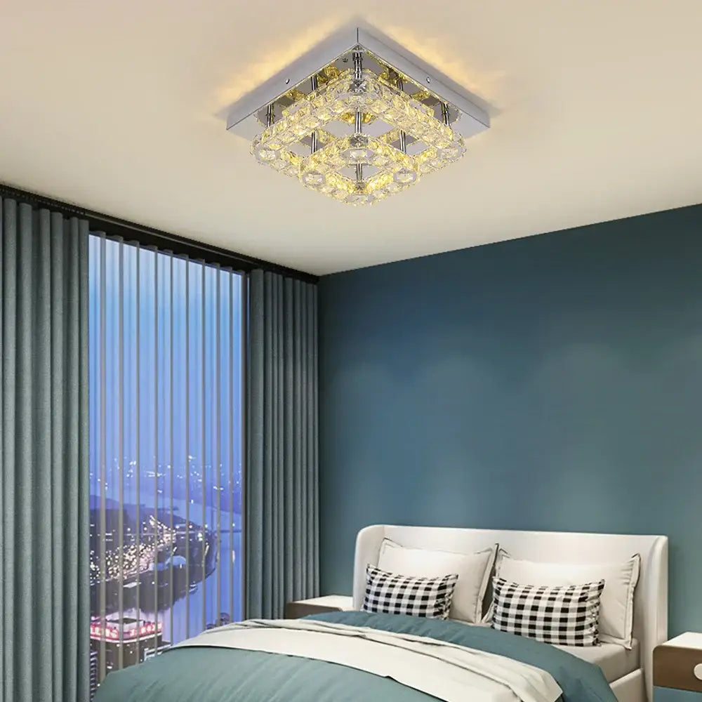 Decorbites crystal led square chandelier with modern chrome frame and warm glowing lights ceiling lamp for living room