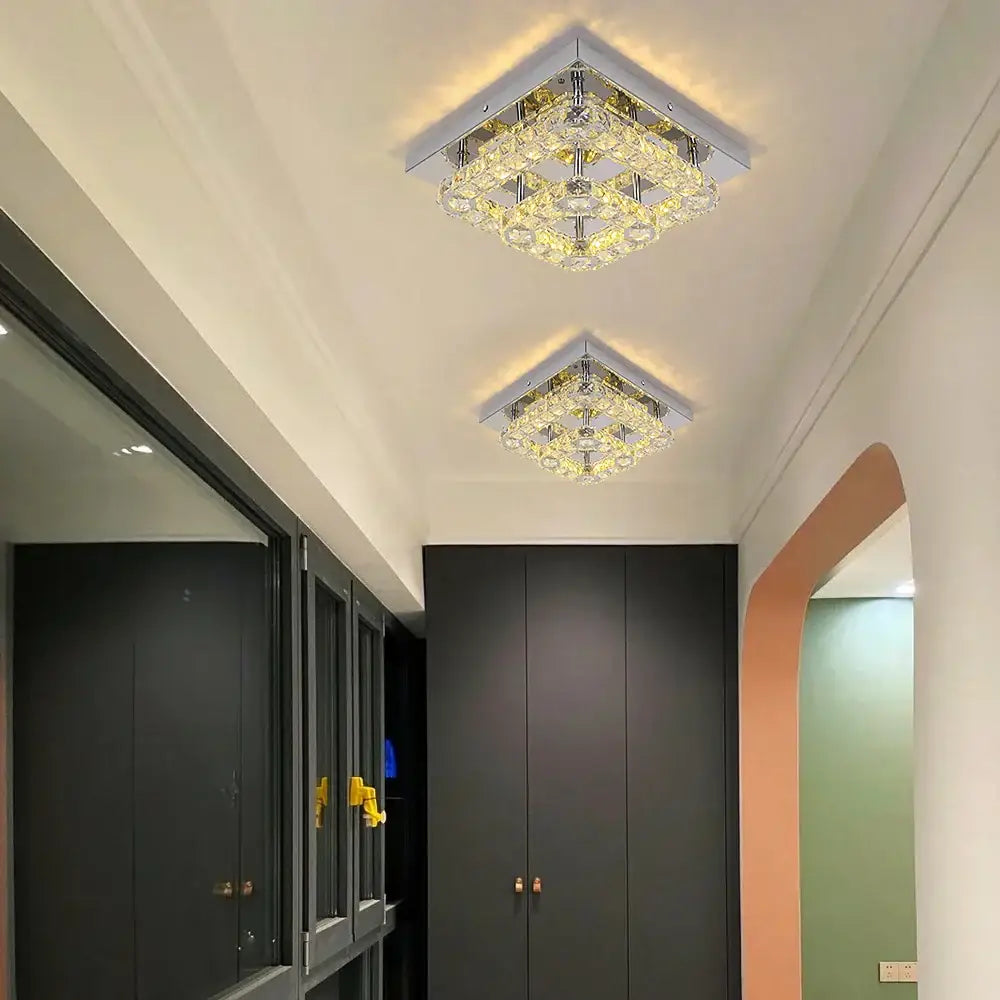 Decorbites crystal led square ceiling lamp with chrome frame and warm yellow lighting for living room use