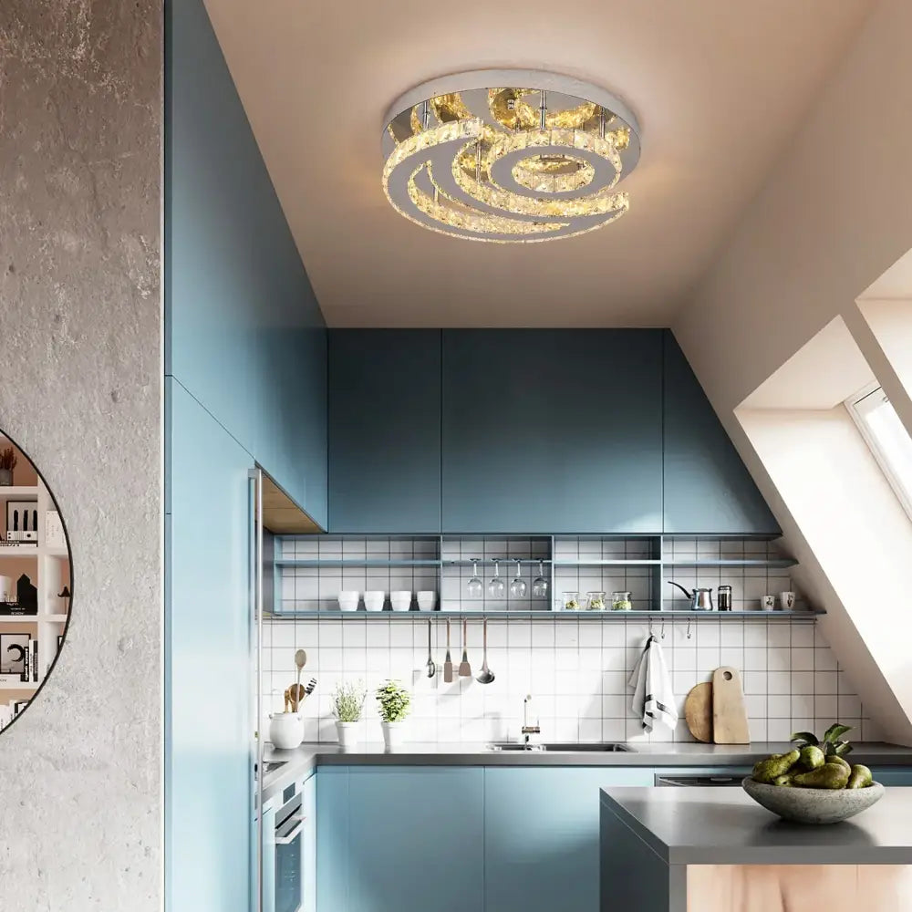 Modern circular decorbites crystal led sun moon spiral chandelier with clear crystal rings and gold accents for dining room lighting