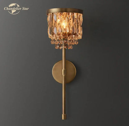 Brass-finished decorbites crystal led wall sconce with cascading crystal chandelier-style shade for dining room lighting