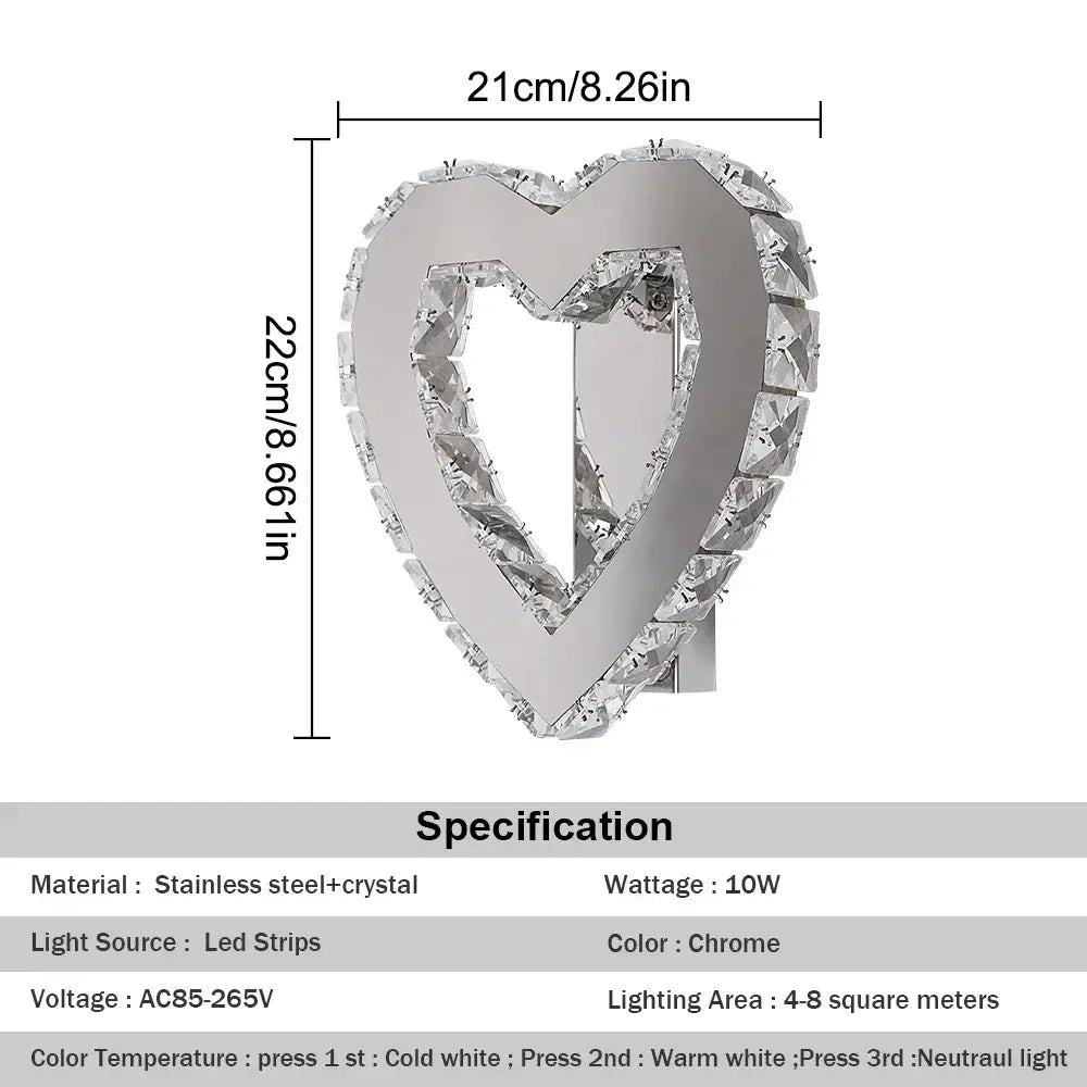 Modern heart-shaped chrome wall sconce with sparkling crystal led embellishments for stylish bedroom decorbites crystal led wall