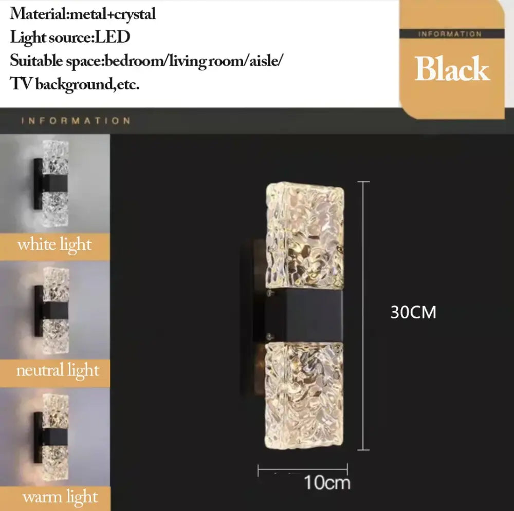 Black wall-mounted led wall sconce with textured crystal panels and sleek metal base for modern bedroom lighting