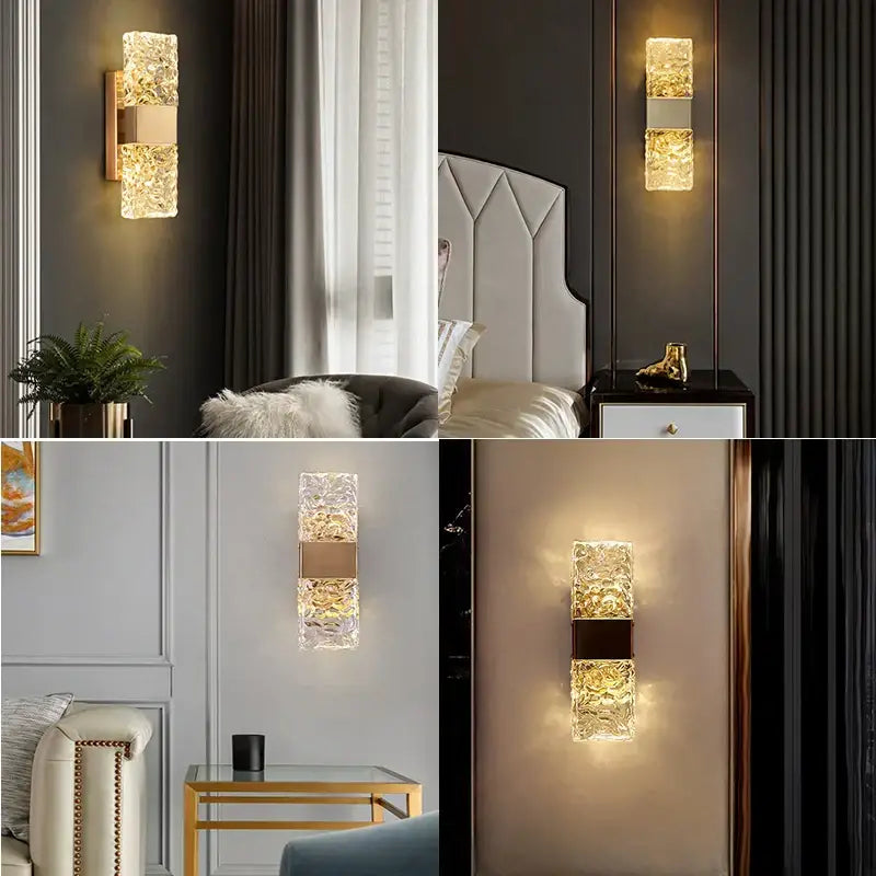 Modern textured glass led wall sconces with gold accents and chrome black finish for bedroom lighting