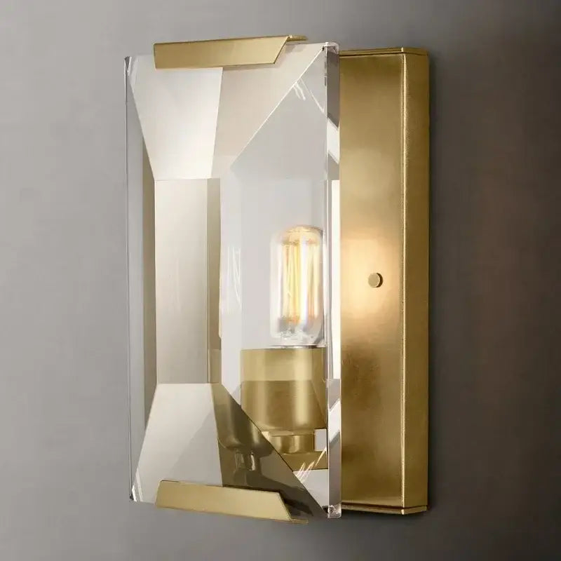 Modern geometric black crystal led wall sconce with gold metal frame and clear faceted panels for decorbites crystal led decor