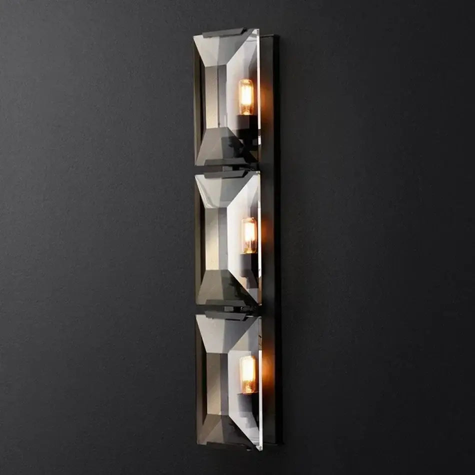 Modern geometric black crystal led wall sconces featuring three mirrored facets and warm exposed bulbs for bedroom decorbites crystal led wall lighting