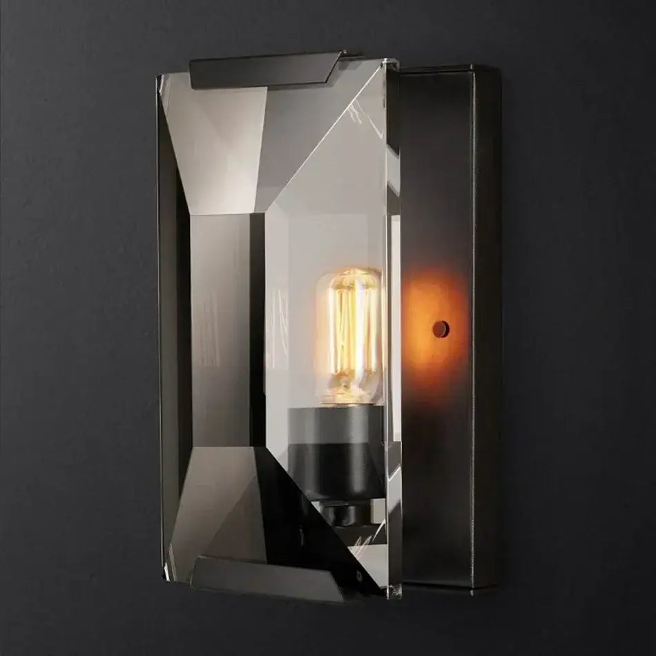 Modern geometric black crystal led wall sconce with faceted mirrored glass and brushed metal frame for decorbites crystal led decor