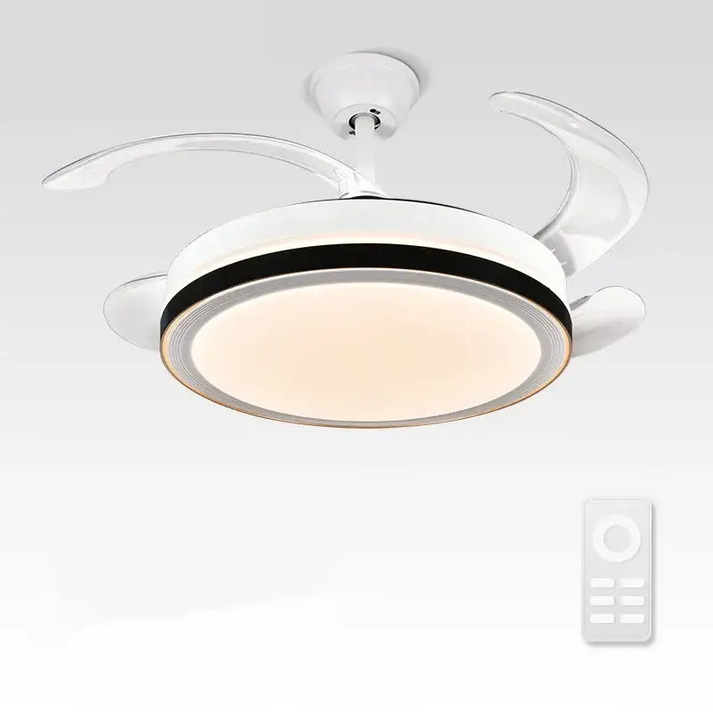 Modern white and black light ceiling fan with integrated led and sleek curved blades for bedroom use