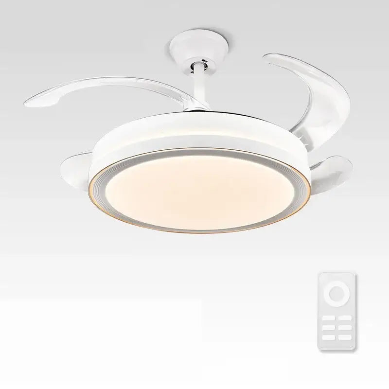 Modern white crystal light ceiling fan with integrated LED light and sleek curved blades for bedroom use