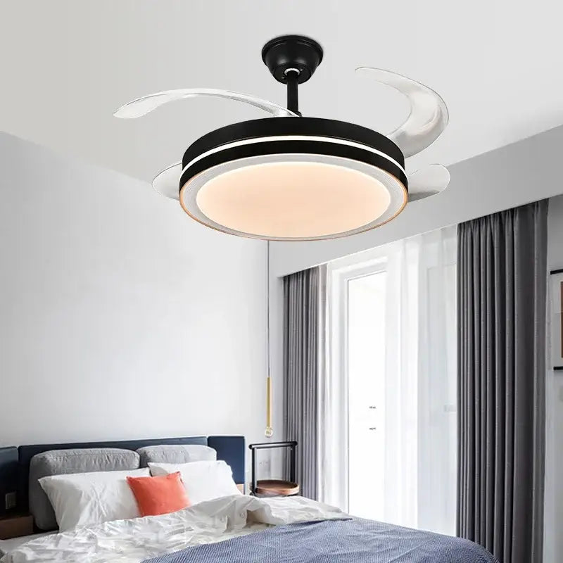 Modern black and white ceiling fan with integrated led lighting for bedroom use featuring a light ceiling fan design