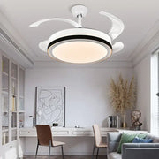 Modern white crystal light ceiling fan with integrated led light and sleek curved blades for bedroom use