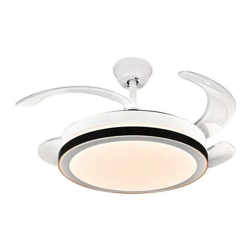 Modern white and black ceiling fan with integrated led lighting designed as a light ceiling fan for bedroom use