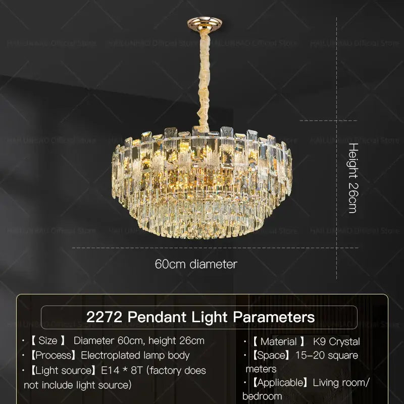 Luxury golden decorbites crystal light chandelier with 60cm diameter electroplated finish and cascading k9 crystals for living room