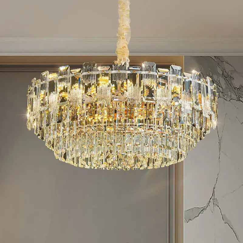 Luxury golden decorbites crystal light chandelier with multi-tiered clear and golden glass prisms for living room