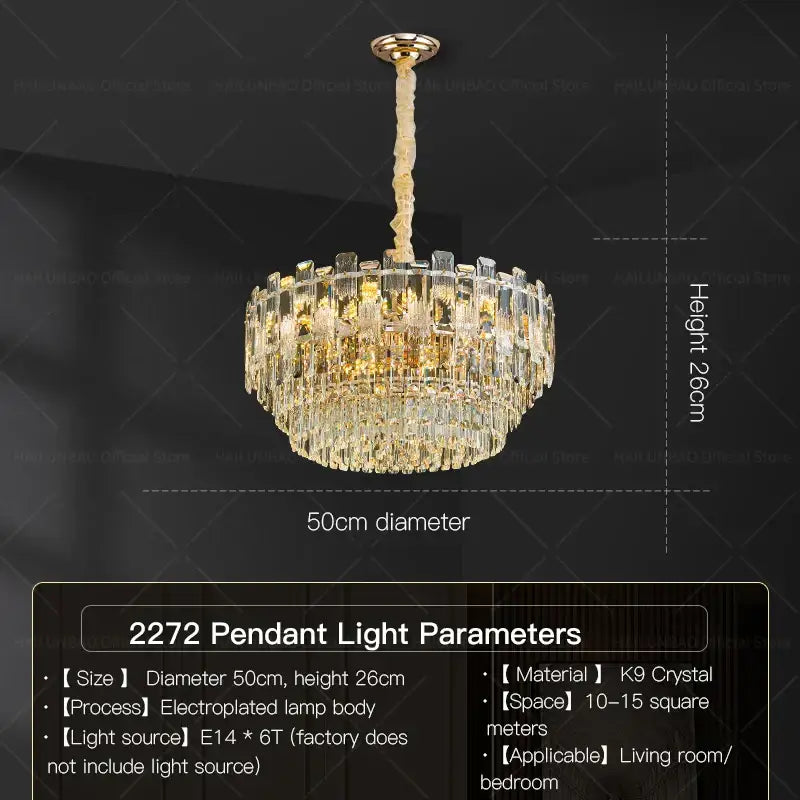 Luxury golden decorbites crystal light chandelier with cascading k9 crystal prisms and polished brass fixture for living room