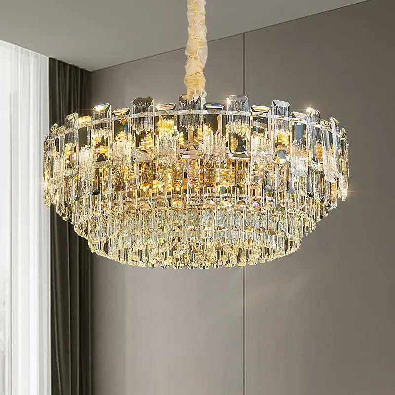 Luxury golden decorbites crystal light chandelier with multi-tiered cascading rectangular and teardrop-shaped crystals