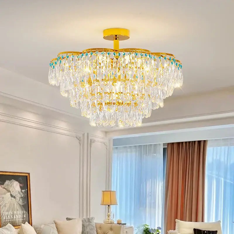 Luxury gold and turquoise crystal light chandelier with cascading clear crystal droplets for dining room decorbites crystal light