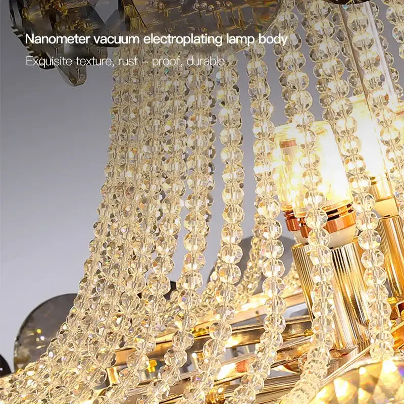 Light luxury gold and smoke crystal chandelier with cascading clear faceted beads for dining room lighting