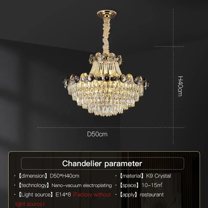 Light luxury gold chandelier with tiers of sparkling k9 crystal droplets for elegant dining room spaces