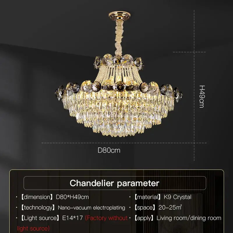 Light luxury chandelier with cascading clear and amber k9 crystals and ornate brass fixture for dining room