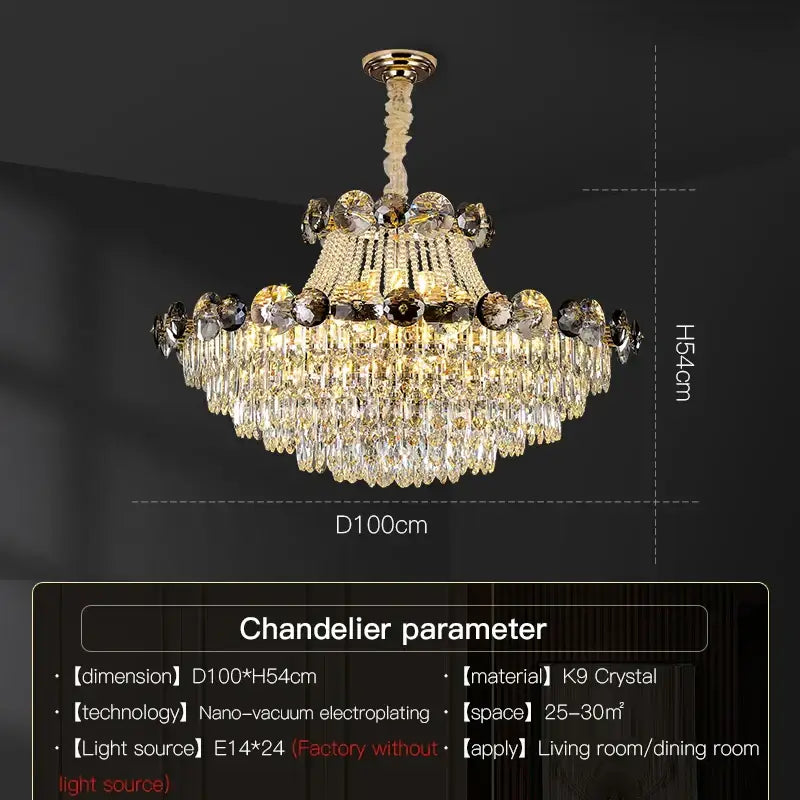 Light luxury gold and smoke crystal chandelier with cascading k9 crystals in a classic ornate silhouette for dining room