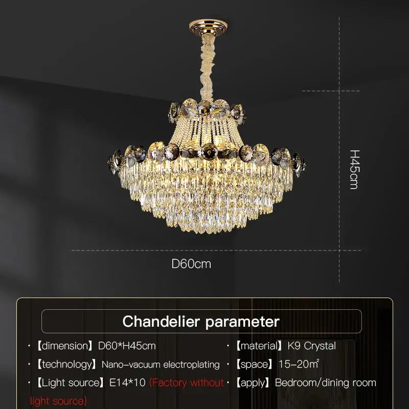 Light luxury gold chandelier with cascading clear k9 crystal beads and twisted brass chain for dining room use