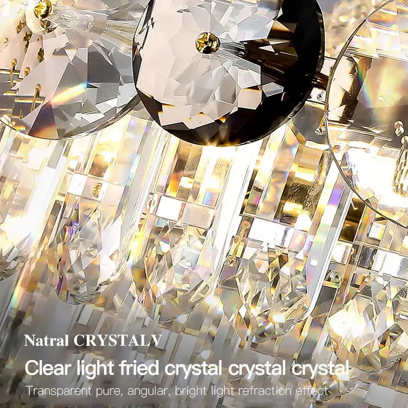 A light luxury gold and smoke crystal chandelier with clear angular crystals and bright light refraction for dining room