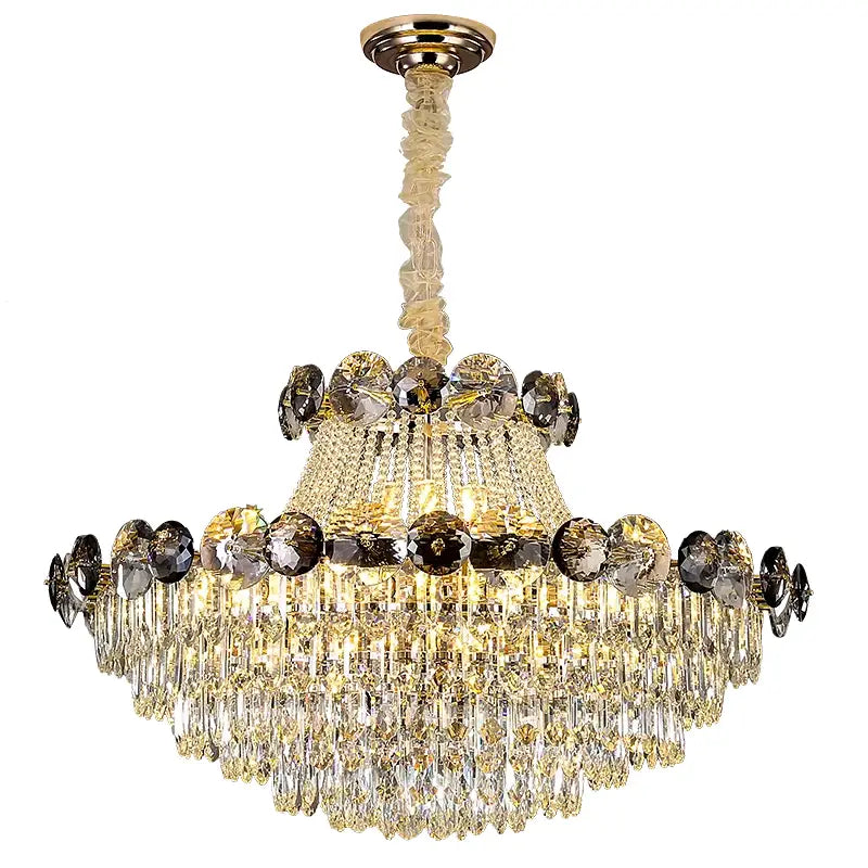 Light luxury chandelier with gold-toned frame and clear smoky amber crystals for dining room elegance