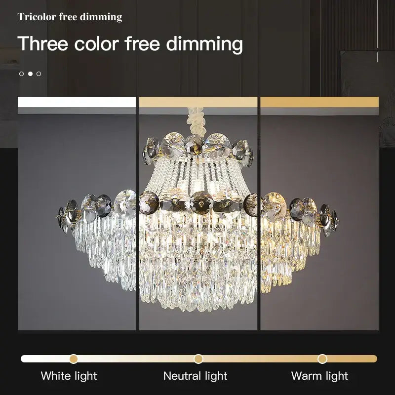 Light luxury gold and smoke crystal chandelier with tricolor free dimming feature for dining room luxury chandelier