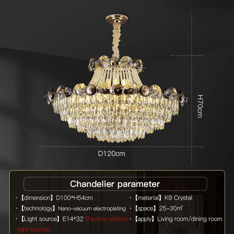 Light luxury gold and smoke crystal chandelier with multi-tier k9 crystal droplets for elegant dining rooms