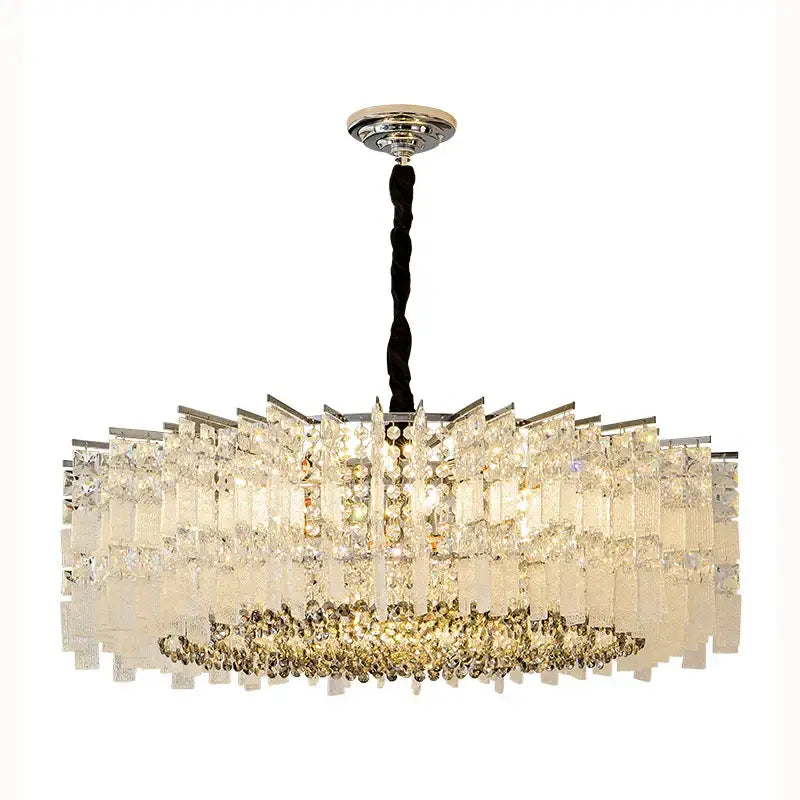 Modern rectangular chrome crystal light dining room chandelier featuring clear prisms and black twisted cord decorbites crystal light