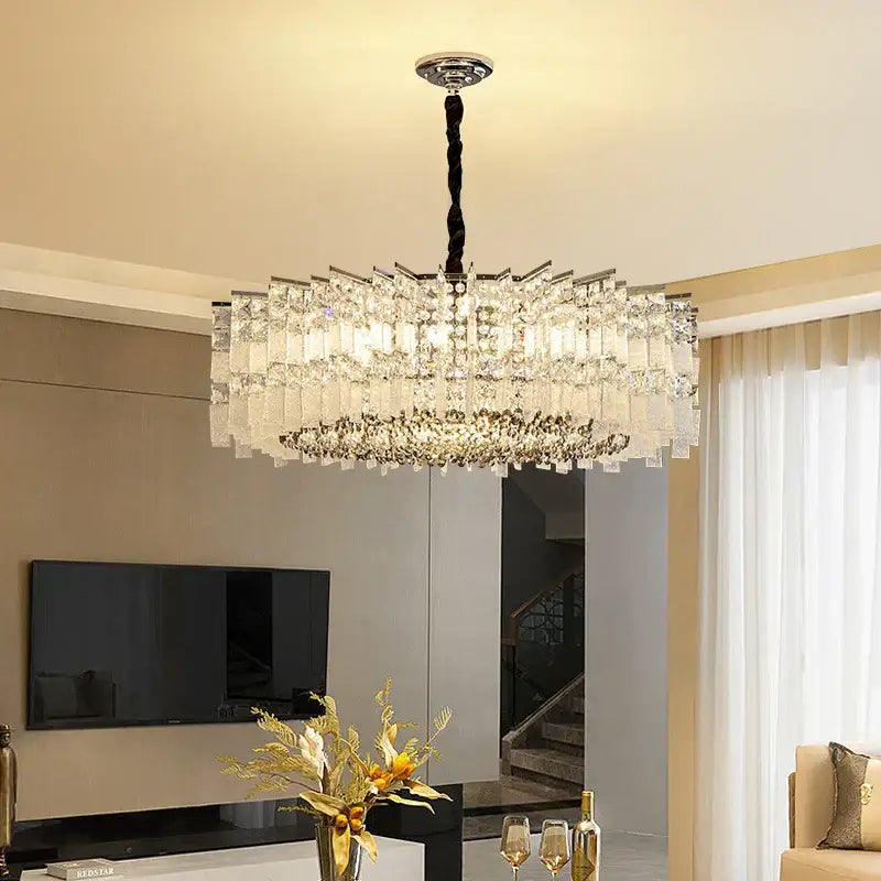 Modern rectangular chrome crystal light dining room chandelier with multi-tiered crystals and black twisted chain by decorbites crystal light